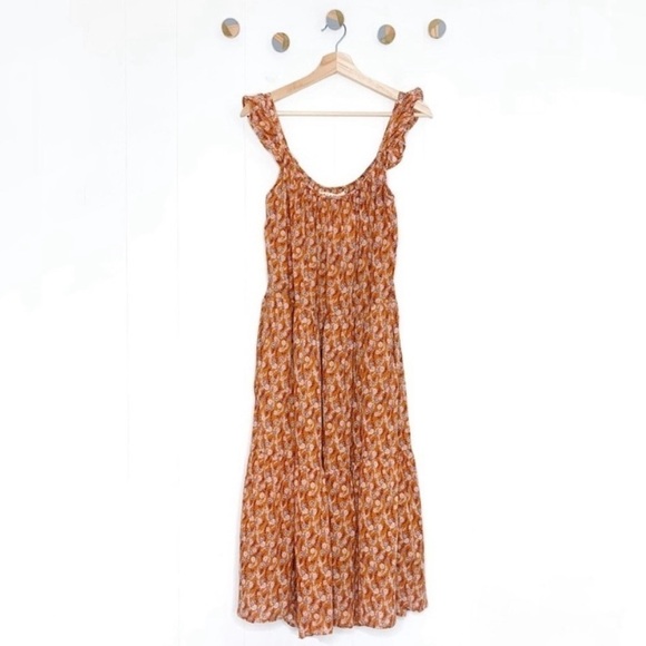 Xirena Rumer Scoop Neck Flutter Sleeve Tiered Midi Dress Laurel Floral Orange L - Picture 5 of 12
